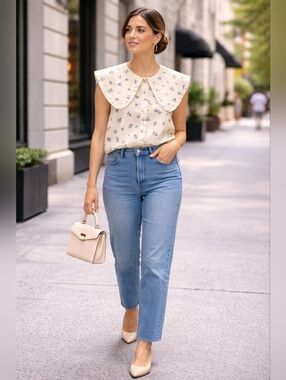 WeWoreWhat Cream Sleeveless Ruffled Bib Collar Blouse Size M 97% Cotton